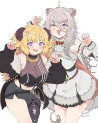 Rule 34 | 2girls, @ @, ahoge, animal ears, artist name, black jacket, black pantyhose, black shirt, blonde hair, blush, bow, bowtie, breasts, cape, claw pose, cleavage, commentary request, cosplay, costume switch, crop top, detached sleeves, dress, drooling, ear piercing, fur-trimmed cape, fur-trimmed dress, fur-trimmed jacket, fur-trimmed sleeves, fur trim, grey eyes, grey hair, grey skirt, hair between eyes, hair ornament, hairclip, highres, hololive, horns, jacket, jewelry, large breasts, lion ears, lion girl, lion tail, long hair, long sleeves, looking at viewer, messy hair, miniskirt, mouth drool, multiple girls, navel, necklace, nervous smile, o-ring, o-ring legwear, o-ring thigh strap, open mouth, pantyhose, piercing, purple eyes, red bow, red bowtie, ribbed sleeves, see-through, see-through cleavage, sheep ears, sheep girl, sheep horns, shirt, shishiro botan, shishiro botan (1st costume), shishiro botan (cosplay), short dress, simple background, single leg pantyhose, skin tight, skirt, sleeveless, sleeveless dress, sleeveless shirt, smile, tail, teeth, thigh strap, thighs, torn clothes, torn pantyhose, tsunomaki watame, tsunomaki watame (1st costume), tsunomaki watame (cosplay), twitter username, two side up, vinhnyu, virtual youtuber, white background, zipper skirt