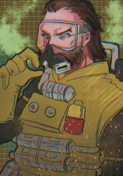 Rule 34 | 1boy, absurdres, animification, apex legends, beard, brown hair, caustic (apex legends), chromatic aberration, colored smoke, facial hair, gas mask, gloves, goggles, green eyes, hair slicked back, hazmat suit, highres, jaaku ko, looking ahead, male focus, mask, open hand, smoke, solo, upper body, v-shaped eyebrows, yellow gloves