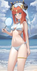 Rule 34 | 1girl, absurdres, bare shoulders, bikini, blush, breasts, dolri, fake horns, genshin impact, green eyes, hair ornament, highres, horns, long hair, looking at viewer, low twintails, medium breasts, navel, nilou (genshin impact), red hair, sidelocks, solo, swimsuit, thighs, twintails, veil, white bikini