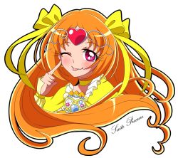Rule 34 | 10s, 1girl, ;p, blush, bow, brooch, choker, circlet, copyright name, cure muse, cure muse (yellow), earrings, eyelashes, frills, hair ribbon, heart, highres, jewelry, long hair, magical girl, one eye closed, orange hair, pointing, precure, red eyes, ribbon, shirabe ako, smile, solo, suite precure, tongue, tongue out, touma (halcyon13), wink, yellow bow