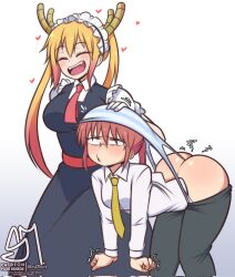Rule 34 | 2girls, arched back, ass, bent over, blonde hair, blue panties, blush, breasts, butt crack, glasses, heart, highres, kobayashi-san chi no maidragon, kobayashi (maidragon), large breasts, long hair, multiple girls, necktie, open mouth, panties, pants, red hair, semidraws, striped clothes, striped panties, tohru (maidragon), twintails, underwear, wedgie