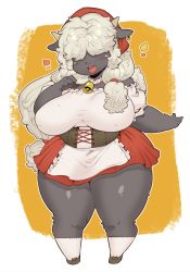 Rule 34 | 1girl, animal ears, breasts, corset, curvy, dress, earrings, furry, furry female, grey hair, hair over eyes, highres, horns, huge breasts, jewelry, kaeritai07, long hair, low-tied long hair, open mouth, original, sanjiro (tenshin anman), sheep ears, sheep horns, simple background, smile, solo, standing, thick thighs, thighs, wide hips