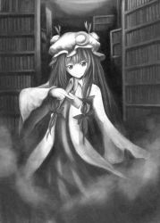Rule 34 | 1girl, bad id, bad pixiv id, book, bookshelf, card, crescent, crescent moon, dark, eruza, female focus, fog, greyscale, hair ribbon, hat, highres, holding, holding card, library, long hair, monochrome, moon, patchouli knowledge, ribbon, solo, standing, touhou, voile, wide sleeves