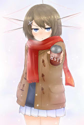 Rule 34 | 10s, 1girl, :&lt;, blue eyes, blush, brown hair, can, canned coffee, coffee, drink can, hair ornament, hairclip, headgear, kantai collection, looking at viewer, maya (kancolle), md5 mismatch, personification, pleated skirt, resolution mismatch, scarf, short hair, skirt, solo, winter clothes, yoosai