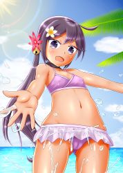 Rule 34 | 1girl, absurdres, akebono (kancolle), akebono kai ni (kancolle), bell, bikini, bikini skirt, blue sky, cameltoe, cleft of venus, cloud, commentary request, day, flower, hair bell, hair flower, hair ornament, highres, jingle bell, kantai collection, long hair, looking at viewer, navel, official art, outdoors, palm leaf, pink bikini, purple eyes, purple hair, side ponytail, sky, solo, splashing, swimsuit, tan, very long hair, water, we (joshi ni fumare tai)