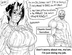 Rule 34 | 1boy, 1girl, absurdres, asymmetrical arms, bb (baalbuddy), beard, blush, breasts, bukkake, commentary, coomer (meme), cum, cum on clothes, cum on hair, demon girl, english commentary, english text, facial, facial hair, flying sweatdrops, glasses, greyscale, hands up, highres, horns, huge breasts, long sleeves, medium hair, meme, monochrome, original, parody, ribbed sweater, round eyewear, simple background, skin-covered horns, sleeves past wrists, smile, sweater, tears, topless male, white background, wings