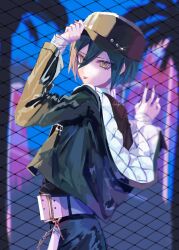 Rule 34 | 1boy, ao ringo (yakirinngo ha), belt, bishounen, black hair, black hat, black nails, chain-link fence, danganronpa (series), danganronpa v3: killing harmony, eyelashes, fence, from side, hair between eyes, hand up, hashtag-only commentary, hat, jacket, long sleeves, looking at viewer, male focus, nail polish, outdoors, palm tree, pants, ringed eyes, saihara shuichi, short hair, signature, smile, solo, standing, tongue, tongue out, tree, upper body, white belt, yellow eyes