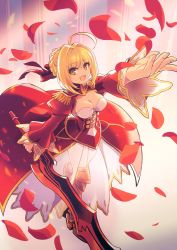 Rule 34 | 10s, 1girl, :d, aestus estus, ahoge, blonde hair, braid, breasts, chingisu, cleavage, collarbone, dress, epaulettes, fate/extra, fate (series), fingernails, french braid, green eyes, hair intakes, hair ribbon, holding, holding sword, holding weapon, juliet sleeves, long sleeves, medium breasts, nero claudius (fate), nero claudius (fate) (all), nero claudius (fate/extra), open mouth, outstretched arm, petals, puffy sleeves, red dress, red ribbon, ribbon, see-through, short hair, smile, solo, sword, teeth, weapon