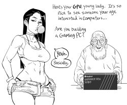 Rule 34 | 1boy, 1girl, :d, abs, bald, bb (baalbuddy), beard, bra strap, breasts, blowing bubbles, chewing gum, choker, cleavage, closed eyes, commentary, english commentary, english text, facial hair, geforce rtx 3080, glasses, greyscale, highleg, highleg panties, highres, large breasts, long hair, monochrome, navel, nvidia, old, old man, open mouth, original, panties, panty straps, round eyewear, short shorts, shorts, simple background, smile, sweater, tank top, thigh gap, toned, underwear, white background
