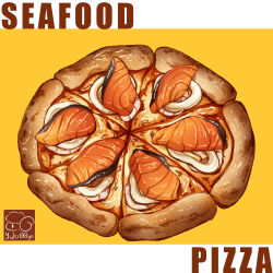 Rule 34 | artist logo, cheese, fish (food), food, food focus, food name, highres, no humans, original, pizza, yuki00yo