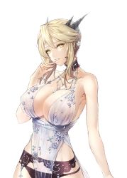 Rule 34 | 1girl, absurdres, artoria pendragon (fate), artoria pendragon (lancer alter) (fate), artoria pendragon (lancer alter) (royal icing) (fate), babydoll, bare shoulders, black panties, blonde hair, blue gemstone, braid, breasts, choker, cleavage, collarbone, covered erect nipples, cowboy shot, craft essence (fate), dark persona, diamond (gemstone), fate/grand order, fate (series), finger to mouth, french braid, garter belt, gem, hair between eyes, hair ornament, highres, jewelry, large breasts, limeblock, lingerie, looking at viewer, necklace, official alternate costume, panties, revealing clothes, see-through, sidelocks, solo, underwear, unfinished, yellow eyes