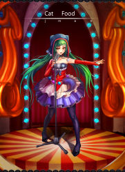 Rule 34 | 1girl, artist name, cat food (vocaloid), cj man, copyright name, detached sleeves, green hair, hatsune miku, highres, hood, long hair, microphone, microphone stand, outstretched arm, pantyhose, project diva (series), project diva f, skirt, solo, twintails, very long hair, vocaloid