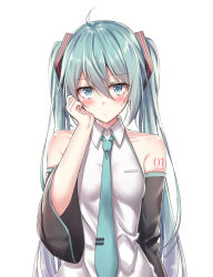 Rule 34 | 1girl, akira (been0328), bad id, bad pixiv id, black sleeves, blue eyes, blush, breasts, closed mouth, collarbone, collared shirt, commentary request, detached sleeves, green hair, green necktie, hair between eyes, hair ornament, hand up, hatsune miku, long hair, long sleeves, looking at viewer, necktie, shirt, simple background, sleeveless, sleeveless shirt, small breasts, solo, tie clip, twintails, upper body, very long hair, vocaloid, white background, white shirt, wide sleeves
