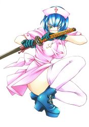 Rule 34 | 00s, 1girl, absurdres, ass, blue hair, boots, breasts, costume, cross, cross necklace, eyepatch, feet, gloves, green eyes, hat, highres, ikkitousen, jewelry, large breasts, legs, looking up, necklace, nurse, nurse cap, official art, ryomou shimei, shiozaki yuji, short hair, simple background, solo, squatting, sword, thighs, weapon, white background, white legwear