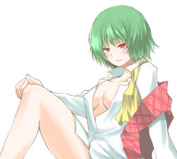 Rule 34 | 1girl, ascot, blush, breasts, cleavage, covered erect nipples, female focus, green hair, hane (hanegoya), kazami yuuka, legs, medium breasts, no bra, open clothes, open shirt, plaid, plaid vest, red eyes, seductive smile, shirt, short hair, simple background, smile, solo, touhou, untied, vest, white background
