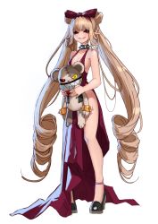 Rule 34 | 1girl, absurdly long hair, absurdres, black footwear, blush, bow, bow hairband, breasts, character request, collar, commentary, copyright request, double bun, dress, drill hair, dungeon and fighter, english commentary, full body, hair bow, hair bun, hairband, high heels, highres, holding, long hair, looking at viewer, nail polish, no bra, no panties, pointy ears, red bow, red dress, red eyes, red hairband, rktlek159, simple background, small breasts, smile, solo, spiked collar, spikes, standing, stuffed animal, stuffed toy, teddy bear, twin drills, twintails, very long hair, white background