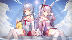 Rule 34 | 2girls, :&lt;, ahoge, animal ears, azur lane, blue hair, blue sky, blunt bangs, breasts, camisole, cleavage, commentary, day, english commentary, fake animal ears, hairband, heterochromia, highres, holding hands, laffey (azur lane), long hair, long sleeves, looking at viewer, low twintails, mole, mole under eye, multiple girls, newey, nicholas (azur lane), off shoulder, one eye closed, parted lips, pleated skirt, purple hair, rabbit ears, red eyes, sailor collar, sailor shirt, shirt, sitting, skirt, sky, sleeves past wrists, small breasts, soaking feet, strap slip, thighhighs, triangle mouth, twintails, white legwear, yellow eyes, zettai ryouiki