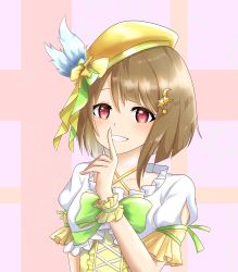 Rule 34 | 1girl, artist name, artist request, blush, bow, breasts, brown hair, collarbone, crescent, crescent hair ornament, cross-laced clothes, cross-laced dress, diamond (love live!), dress, feathers, female focus, finger to face, frilled dress, frills, green bow, green ribbon, grey hair, hair ornament, hat, hat feather, highres, light brown hair, looking at viewer, love live!, love live! nijigasaki high school idol club, love live! school idol festival, nakasu kasumi, parted lips, purple eyes, red eyes, ribbon, short hair, small breasts, smile, solo, star (symbol), star hair ornament, upper body, white feathers, wrist cuffs, yellow bow, yellow dress, yellow hat, yellow ribbon, yellow wrist cuffs, yurihasu (yurihasu work)