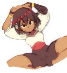 Rule 34 | 1girl, ajna (indivisible), arms behind head, beads, bike shorts, bracelet, bridal gauntlets, brown hair, collarbone, dark-skinned female, dark skin, feet out of frame, gluteal fold, heiyuu!, highres, indivisible, jewelry, looking at viewer, puffy sleeves, sash, short hair, solo, sweatdrop, wavy mouth, white background