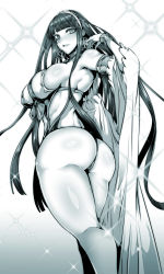 Rule 34 | 1girl, absurdres, armlet, armpits, ass, blunt bangs, blush, bracelet, breasts, cleopatra (fate), detached sleeves, earrings, egyptian, facial mark, fate/grand order, fate (series), from behind, gggg, greyscale, hair flip, hairband, highres, hoop earrings, jewelry, large breasts, long hair, looking at viewer, looking back, monochrome, parted lips, sideboob, sidelocks, skindentation, smile, solo, thighs, very long hair, wide sleeves