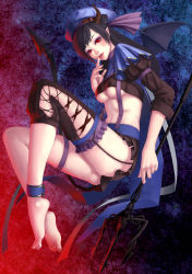 Rule 34 | 1girl, abstract background, ankle cuffs, armband, backlighting, bad id, bad pixiv id, barefoot, black hair, black nails, breasts, crop top, demon girl, demon horns, demon tail, demon wings, eyeliner, fangs, feet, full body, garter straps, gradient background, hat, highres, horns, kuryoe, lips, long hair, makeup, microskirt, nail polish, navel, nose, original, parted lips, pleated skirt, pointy ears, polearm, puffy sleeves, red eyes, ribbon, skirt, sleeves rolled up, slit pupils, solo, suspenders, tail, thigh strap, thighhighs, trident, underboob, weapon, wings