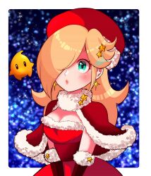 Rule 34 | 1girl, alternate costume, blonde hair, blue eyes, blush, breasts, cape, capelet, christmas, cleavage, dress, earrings, fur trim, gloves, hair ornament, hair over one eye, hat, highres, jewelry, long hair, luma (mario), mario (series), medium breasts, nintendo, nonoworks, parted lips, red cape, red dress, red gloves, red headwear, rosalina, star (symbol), star earrings, star hair ornament, super mario galaxy, upper body