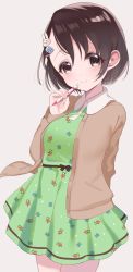 Rule 34 | 1girl, arm behind back, bad id, bad pixiv id, blush, bow, brown bow, brown coat, brown eyes, brown hair, brown ribbon, rabbit hair ornament, coat, collared dress, cowboy shot, dress, floral print, green dress, hair ornament, highres, holding, holding pen, idolmaster, idolmaster cinderella girls, looking at viewer, misumi (macaroni), open clothes, open coat, pen, pen to chin, plaid hair ornament, ribbon, sasaki chie, short hair, smile, solo