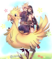 Rule 34 | 1boy, 1girl, armor, belt, bird, black hair, black skirt, blonde hair, blue eyes, boots, chocobo, cloud strife, crop top, final fantasy, final fantasy vii, floral background, flower, gloves, grass, long hair, looking at another, low-tied long hair, midriff peek, minato (ct 777), open mouth, outdoors, red eyes, red footwear, riding, riding bird, shoulder armor, sitting, skirt, smile, spiked hair, square enix, tank top, tifa lockhart, white tank top