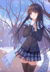 Rule 34 | 1girl, absurdres, aquaplus, arms up, black hair, black jacket, black thighhighs, blazer, blue eyes, blue necktie, blue scarf, blue skirt, blush, branch, breasts, city, cityscape, closed mouth, cowboy shot, floating hair, highres, jacket, lips, lixiang guo alice, long hair, long sleeves, looking at viewer, medium breasts, miniskirt, necktie, outdoors, plaid, plaid skirt, pleated skirt, raised eyebrows, scarf, school uniform, sidelocks, signature, skirt, smile, snow, snowing, solo, standing, striped necktie, striped neckwear, thighhighs, thighs, touma kazusa, tree, very long hair, white album, white album (series), white album 2, winter, zettai ryouiki