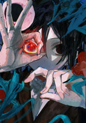 Rule 34 | 1boy, black eyes, black hair, commentary request, covered mouth, eyeball, flower, hair between eyes, heterochromia, highres, looking at viewer, male focus, ok sign, ok sign over eye, original, plant, red eyes, red flower, shirt, shiun (siun 5513), short hair, solo, white shirt