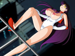 Rule 34 | 1girl, bishoujo senshi sailor moon, breasts, breasts out, choker, earrings, elbow gloves, gloves, hand on own hip, high heels, highres, hino rei, huge breasts, jewelry, legs, lento (glamour works), leotard, long hair, looking at viewer, nipples, one eye closed, purple hair, sailor mars, smile, solo, standing, thighs, wink, yellow eyes