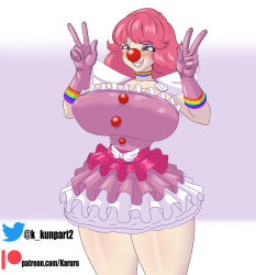 Rule 34 | 1girl, ace attorney, blush, border, breasts, brown eyes, cleavage, clown, clown nose, collarbone, cowboy shot, double v, dress, frilled dress, frills, geiru toneido, gloves, grin, karuro-kun, large breasts, long hair, pink gloves, pink hair, purple background, shiny clothes, shiny skin, shoulder pads, simple background, smile, solo, standing, thighs, v, white border