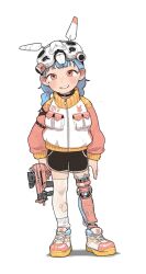 Rule 34 | 1girl, android, belt, black shorts, blue hair, child, colored shoe soles, dolphin shorts, full body, gun, helmet, highres, holding, holding weapon, jacket, long sleeves, looking at viewer, low twintails, mechanical ears, mechanical parts, mole, mole under eye, multicolored footwear, opossumachine, original, parted lips, pouch, prosthesis, prosthetic leg, red footwear, shoes, shorts, simple background, smile, sneakers, solo, standing, straight-on, submachine gun, teeth, thighhighs, turtleneck, turtleneck jacket, twintails, upper teeth only, weapon, white background, yellow footwear, zipper, zipper pull tab