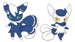 Rule 34 | 1boy, 1girl, animal ears, arms up, blue hair, blue sclera, colored sclera, creatures (company), full body, furry, game freak, gen 6 pokemon, green eyes, looking to the side, meowstic, meowstic (female), meowstic (male), multiple tails, nintendo, outstretched arms, pokemon, pokemon (creature), pokemon xy, red eyes, seiya mesu, sexual dimorphism, simple background, spread arms, standing, tail, two tails, white background, white hair, yellow sclera