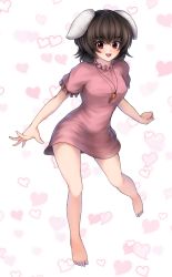 Rule 34 | 1girl, absurdres, animal ears, bad id, bad pixiv id, bare legs, barefoot, blush, brown hair, rabbit ears, dress, highres, inaba tewi, jewelry, kagi f, necklace, aged up, open mouth, pink dress, puffy short sleeves, puffy sleeves, red eyes, short dress, short sleeves, smile, solo, touhou