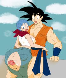 Rule 34 | 1boy, 1girl, absurdres, ass, black hair, bloxwastesyourtime, blue eyes, blue hair, breasts, bulma, buttjob, curvy, dragon ball, dragon ball super, eric lowery, grinding, hetero, highres, huge ass, huge penis, intercrural sex, large breasts, looking back, midriff, muscular, penis, precum, ripped jeans, smile, son goku, thigh sex, torn clothes, uncensored