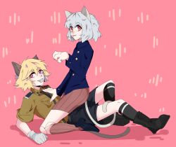 Rule 34 | 1boy, 1girl, animal ears, blonde hair, cat boy, cat ears, cat girl, cat tail, girl on top, gloves, hellsing, highres, hunter x hunter, neferpitou, pink background, pink eyes, schroedinger (hellsing), sharp teeth, sitting, sitting on person, tail, teeth, tongue, tongue out, uniform, white hair
