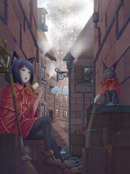 Rule 34 | 1girl, animal ears, barrel, black cat, black hair, black pantyhose, blue eyes, boots, box, broom, building, cat, cat ears, clock, clock tower, coat, fish, food, highres, holding, holding food, industrial pipe, lamppost, on box, open mouth, original, pantyhose, red coat, sandwich, sitting, sitting on box, stairs, tower, witch, yoruusagi