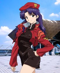 Rule 34 | 1girl, breasts, curvy, dress, game cg, jacket, jewelry, katsuragi misato, kneeling, large breasts, long hair, looking at viewer, necklace, neon genesis evangelion, open clothes, open jacket, parted lips, purple hair, short dress, sky, smile, solo, turtleneck, uniform, yabusame