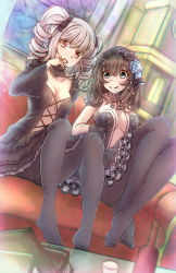 Rule 34 | 10s, 2girls, bad feet, black dress, black gloves, black hair, blue eyes, breasts, cleavage, commentary request, couch, dress, drill hair, feet, flower, gloves, hair between eyes, hair flower, hair ornament, hairband, highres, idolmaster, idolmaster cinderella girls, idolmaster cinderella girls starlight stage, kanzaki ranko, long hair, long sleeves, looking at viewer, medium breasts, multiple girls, no shoes, on couch, pantyhose, red eyes, sagisawa fumika, shou zong, shǒu zhǒng, silver hair, sitting, smile, thighhighs, twin drills, twintails
