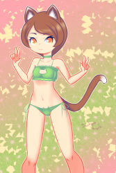 Rule 34 | 1girl, animal ears, bra, breasts, brown hair, cat ears, cat girl, cat lingerie, cat tail, choker, cleavage, cleavage cutout, clothing cutout, collarbone, double v, drantyno, floral background, green background, green bra, green panties, looking at viewer, meme attire, multicolored background, navel, panties, pink background, short hair, side-tie panties, small breasts, smile, standing, tail, underwear, v, yellow background, yellow eyes