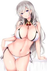 Rule 34 | 1girl, absurdres, algerie (azur lane), algerie (white sand paradise) (azur lane), algerie (white sand paradise) (azur lane), arm support, azur lane, bare shoulders, bikini, black flower, black rose, blush, breasts, cleavage, closed mouth, commentary request, cowboy shot, detached collar, drill hair, drill sidelocks, flower, groin, hair between eyes, hand on own hip, highres, large breasts, long hair, looking at viewer, masaki nanaya, midriff, mole, mole under eye, multi-strapped bikini, multiple straps, nail polish, navel, neck ribbon, neckwear between breasts, pink nails, purple eyes, red ribbon, ribbon, rose, sidelocks, silver hair, simple background, skindentation, smile, solo, standing, swimsuit, two-tone bikini, white background, white bikini