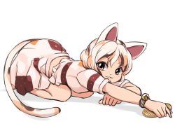 Rule 34 | 1girl, :3, all fours, animal ears, ankleband, brown eyes, cat ears, cat girl, cat tail, coin, english text, gold, goutokuji mike, holding, itatatata, kneeling, koban (gold), looking at viewer, multicolored clothes, multicolored hair, multicolored skirt, puffy short sleeves, puffy sleeves, short hair, short sleeves, skirt, stretching, tail, touhou