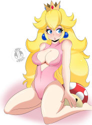 Rule 34 | 1girl, absurdres, arched back, arms at sides, artist logo, artist name, bare arms, bare legs, bare shoulders, barefoot, big hair, blonde hair, blue eyes, breasts, cleavage, cleavage cutout, clothing cutout, colored shadow, crown, earrings, eyelashes, feet, groin, highres, hip focus, jaythejinx, jewelry, large breasts, leotard, lips, long hair, looking away, mario (series), mushroom, nintendo, open hand, parted lips, pink leotard, pink lips, polka dot, power-up, princess peach, shadow, sitting, solo, super mario bros. 1, super mushroom, thighs, turtleneck, very long hair, wariza, white background