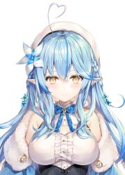 Rule 34 | 1girl, ahoge, bare shoulders, blue bow, blue bowtie, blue hair, blush, bow, bowtie, braid, breasts, cleavage, commentary request, flower, hair between eyes, hair flower, hair ornament, half updo, hat, heart, heart ahoge, hololive, large breasts, long hair, looking at viewer, pointy ears, rin yuu, simple background, solo, straight-on, upper body, virtual youtuber, white background, white hat, yellow eyes, yukihana lamy, yukihana ramie