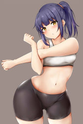Rule 34 | 1girl, bad id, bad pixiv id, bare arms, bike shorts, black shorts, blue hair, blunt bangs, blush, collarbone, commentary request, cowboy shot, gluteal fold, grey background, looking at viewer, navel, original, parted lips, short hair, shorts, sidelocks, simple background, solo, sports bra, standing, stretching, terakoya, thighhighs, white sports bra, wide hips, yellow eyes