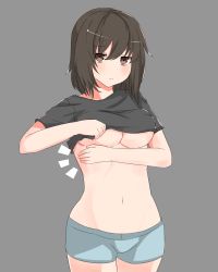 Rule 34 | 1girl, bags under eyes, black hair, boyshorts, breasts, brown eyes, character request, copyright request, large breasts, nao (ritsancrossover), navel, solo, tagme, underboob