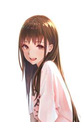 Rule 34 | 1girl, :d, brown eyes, brown hair, clothes writing, highres, long hair, looking at viewer, looking to the side, nekojira, open mouth, original, shirt, short sleeves, sidelocks, simple background, smile, solo, teeth, upper body, upper teeth only, white background, white shirt