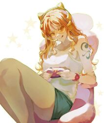 Rule 34 | 1girl, bare legs, bare shoulders, blue shorts, chair, closed mouth, controller, feet out of frame, game controller, gaming chair, headset, highres, holding, holding controller, holding game controller, knees up, long hair, looking at viewer, n o1n2, nami (one piece), one piece, orange eyes, orange hair, short shorts, shorts, shoulder tattoo, sidelocks, sitting, smile, solo, star (symbol), swivel chair, tank top, tattoo, tongue, tongue out, watch, wavy hair, white tank top, wristwatch