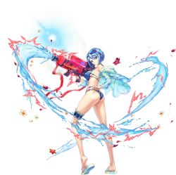 Rule 34 | 1girl, ass, bikini, blue bikini, blue eyes, blue hair, breasts, closed mouth, feet, full body, groin, highres, holding, holding weapon, large breasts, legs, legs apart, looking at viewer, sandals, short hair, sideboob, smile, solo, standing, sunglasses, sunglasses on head, swimsuit, thigh strap, thighs, transparent background, unitia, water, water gun, weapon